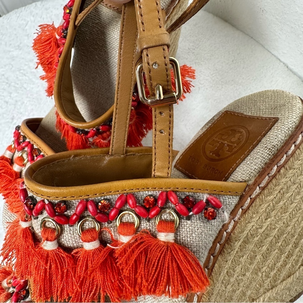 Tory Burch Women's 7M Vibrant Orange and Tan Espadrille Wedges Sandals Boho - Picture 13 of 15